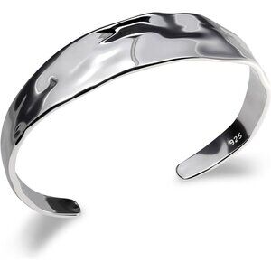 Sterling Silver Cuff Bracelet Chunky Hammered Texture Open Bangle for Women